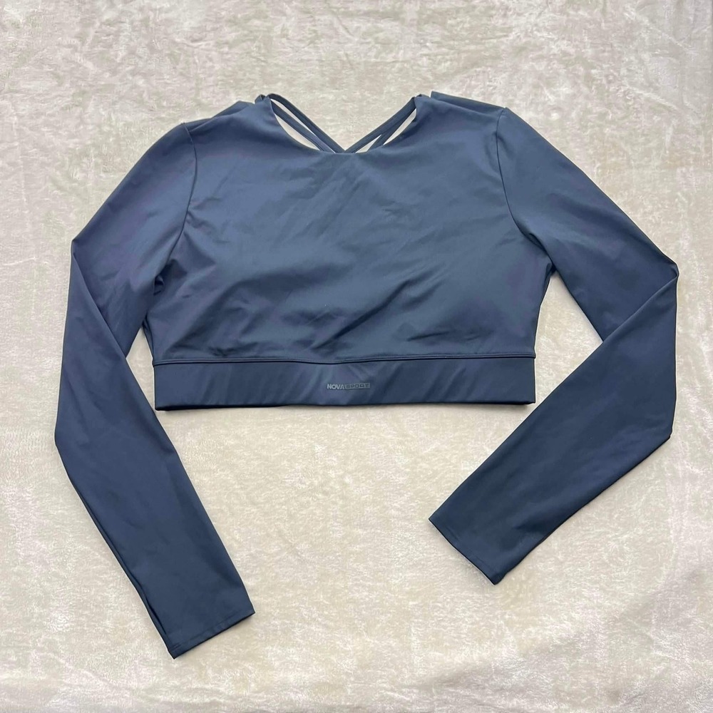 EUC Nova Sport Women Long Sleeve Open Back Strappy Crop Top Black Thumbhole 2XL
